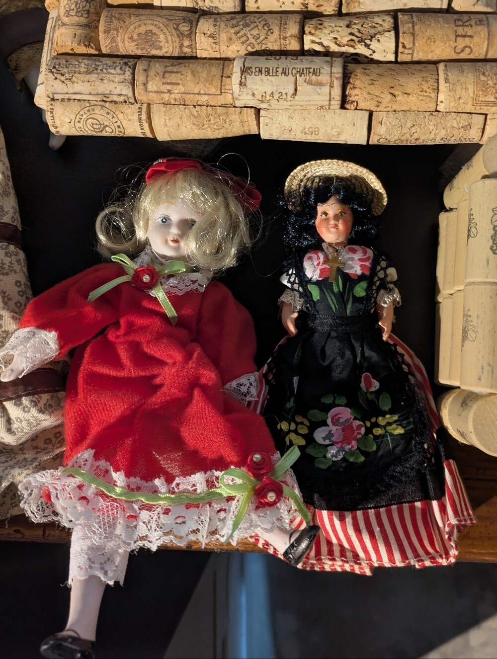 Vintage-Inspired Decorative Porcelain Dolls in Red and Black - Set of 2